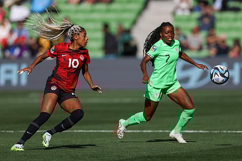 Canada's Ashley Lawrence, left, and Nigeria's Antionette Payne battle for the ball during the Women's World Cup Group B soccer match between Nigeria and Canada. (Photo|AP)
