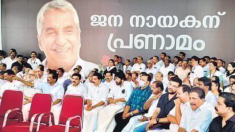Actors Mammootty, Suresh Gopi and Ramesh Pisharody waiting to pay last respects to Oommen Chandy at Thirunakkara ground in Kottayam on Thursday. (Photo | A Sanesh)