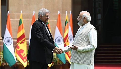 Prime minister Narendra Modi shakes hand with Sri Lankan president Ranil Wickremesinghe before their meeting at Hyderabad house in New Delhi on Friday. ( Shekhar Yadav | Express)