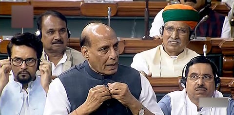 Defence Minister Rajnath Singh speaks in the Lok Sabha during the Monsoon session of Parliament, in New Delhi (Photo | PTI)