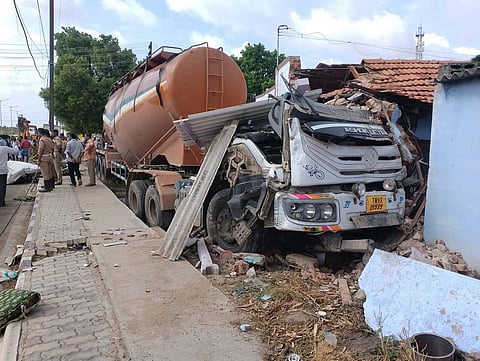 A concrete mixer vehicle crashed into a roadside tea stall near Dharapuram in Tirupur on Thursday.