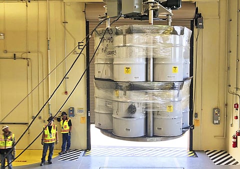 In this April 9, 2019 photo provided by Los Alamos National Laboratory, barrels of radioactive waste are loaded for transport to the Waste Isolation Pilot Plant. (AP)