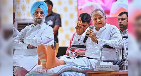 Rajasthan Chief Minister Ashok Gehlot addresses a press conference at his residence. (Photo |PTI)