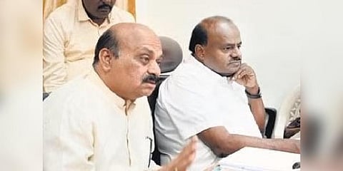 BJP leader Basavaraj Bommai and JDS leader HD Kumaraswamy at a joint press conference in Bengaluru on Friday  