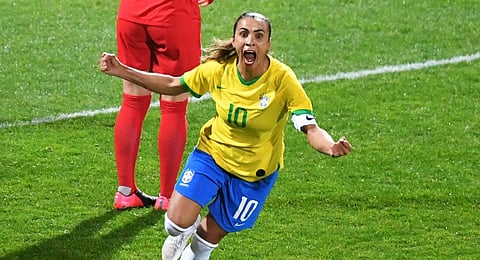 FILE - Brazil's Marta Silva celebrates after scoring a goal against Canada at the EpopEe Stadium in Calais, northern France, on March 10, 2020. (Photo | AFP)