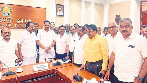 Members of spinning mills associations met ministers Thangam Thenarasu, R Gandhi and T M  Anbarasan at the secretariat in Chennai on Friday | Express