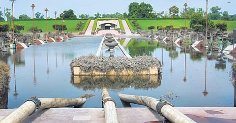 Water pumps are in use to drain out the floodwater from Mahatma Gandhi memorial at the Raj Ghat on Friday | PTI