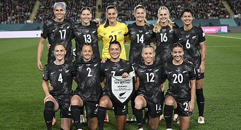 New Zealand players pose for a group photo before the Women's World Cup soccer match between New Zealand and Norway in Auckland, New Zealand. (Photo |AP)