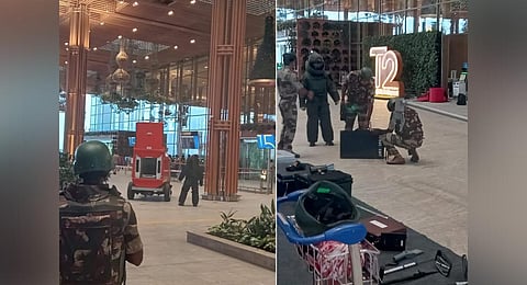 A Remote-Controlled Threat Containment Vehicle shifts the explosive to a safe area at Bengaluru Airport on Saturday. (Right) CISF personnel defuse the bomb. (Photo | Express)