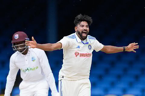 India's Mohammed Siraj celebrates dismissing LBW West Indies' Alzarri Joseph on day four of their second cricket Test match at Queen's Park in Port of Spain, Trinidad and Tobago. (PTI)