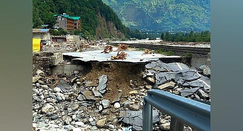 : Damaged highway after the recent heavy monsoon rains, in Kullu. (Photo | PTI)