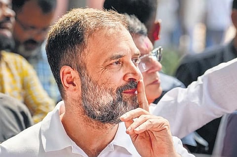 Congress leader Rahul Gandhi reacts as he talks to the media on results of the Karnataka Assembly polls in New Delhi, May, 2023. (Photo | PTI)