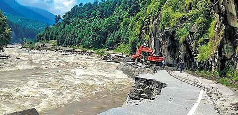 A section of the Kullu-Manali highway washed away in floodwater | pti