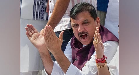 AAP MP Sanjay Singh during a protest of the INDIA alliance parties over ethnic violence in Manipur, during Monsoon session of Parliament. (Photo | PTI)
