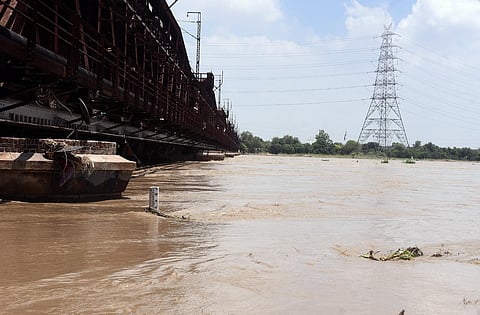 A view of the Old bridge over river Yamuna as the water level crosses the danger mark again, in New Delhi on July 24, 2023. (Parveen Negi, EPS)