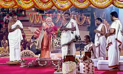 Prime Minister Narendra Modi performs 'havan' during the inauguration of the International Exhibition-cum-Convention Centre (Photo | PTI)
