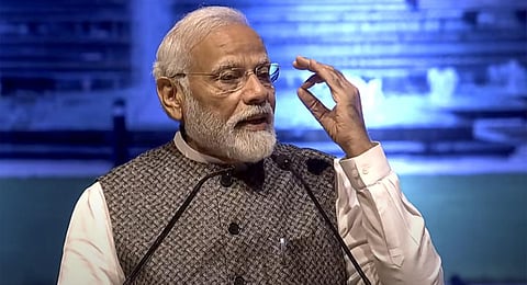Prime Minister Narendra Modi addresses at the inauguration of the redeveloped International Exhibition-cum-Convention Centre at Pragati Maidan.(Photo | PTI)