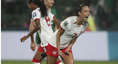 Canada's Julia Grosso celebrates after Canada scored their opening goal during the Women's World Cup Group B soccer match between Canada and Ireland. (Photo | AP)