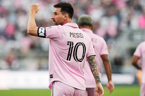 Inter Miami forward Lionel Messi reacts after scoring a goal during the first half of a Leagues Cup soccer match against Atlanta United. (Photo | AP)