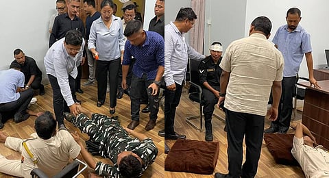 5 police personnel were injured when a mob pelted stones targeting Meghalaya CM Conrad K Sangma’s office in Tura on July 24, 2023. (Express)