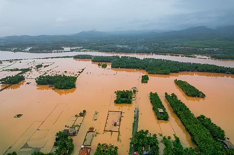 Farmland in Honnavar inundated by the overflowing Aghanashini river. (Photo | Express)