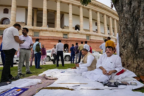 AAP MP Sanjay Singh during his protest over ethnic violence in Manipur, during the Monsoon session of Parliament, in New Delhi. (Photo | PTI)