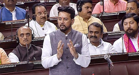 Union Minister Anurag Thakur speaks in the Rajya Sabha during the Monsoon session of Parliament. (Photo | PTI)