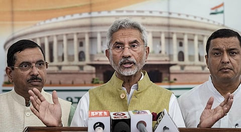 EAM S Jaishankar (C) addresses the media at the Parliament House complex during the Monsoon session, in New Delhi, Thursday, July 27, 2023. (Photo | PTI)