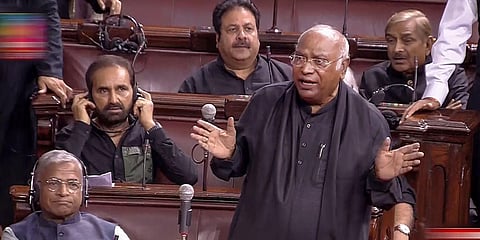 Leader of Opposition in the Rajya Sabha Mallikarjun Kharge speaks in the House during the Monsoon session of Parliament, in New Delhi, Thursday, July 27, 2023. (Photo | PTI)