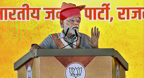Prime Minister Narendra Modi speaks during a public meeting in Sikar, Thursday. (Photo | PTI)