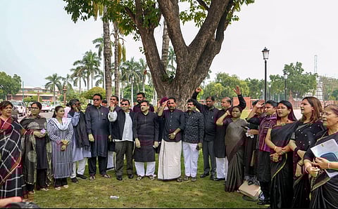 Opposition MPs during a protest at Parliament House complex in the ongoing Monsoon session, in New Delhi, Thursday, July 27, 2023. (Photo | PTI)