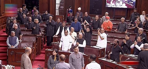 Protests erupt in the Rajya Sabha during the Monsoon session of Parliament, in New Delhi, Thursday, July 27, 2023. (Photo | PTI)