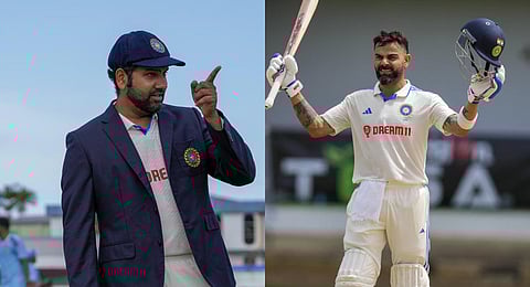 A collage of Indian skipper Rohit Sharma and star batter Virat Kohli from the recently concluded Test series against West Indies. (Photo | AP)
