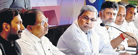 Chief Minister Siddaramaiah, Deputy Chief Minister DK Shivakumar and other Congress leaders at the Congress Legislature Party meeting in Bengaluru on Thursday | nagaraja gadekal