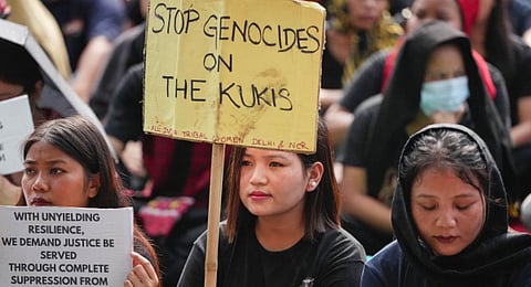 Members of the Kuki-Zo Women's Forum protest at Jantar Mantar demanding a separate administration for the tribal population of Manipur living in its hill districts. (Photo | PTI)