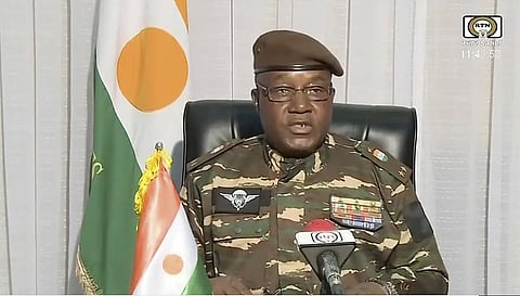 Gen. Abdourahmane Tchiani makes a statement Friday, July 28, 2023, in Niamey, Niger. (Photo |AP)
