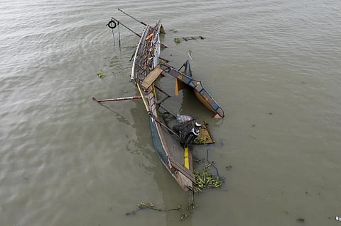 This photo taken by drone shows the remains of a passenger boat that capsized in Binangonan, Rizal province, Philippines, July 28, 2023. (Photo | AP)