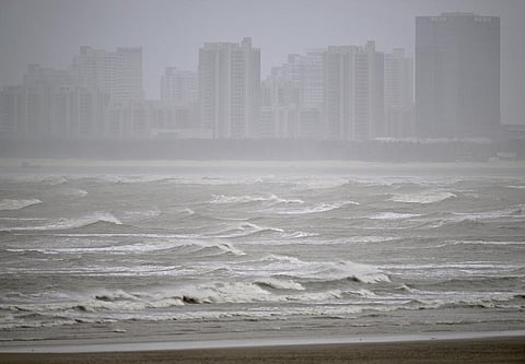 In this photo released by Xinhua News Agency, waves are seen off the coast of Fuzhou, southeast China's Fujian Province. (Photo | AP)