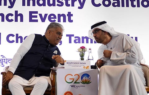 Union minister Bhupendra Yadav with Sultan Ahmed Al-Jaber at the G20 event in Chennai on Thursday. (Photo | Ashwin Prasath)