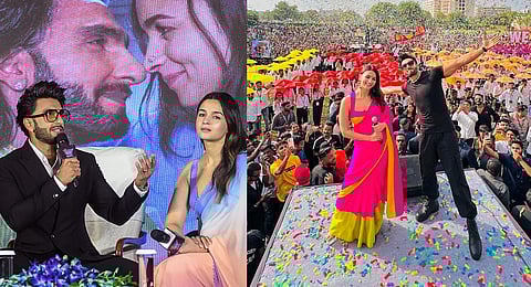 Actors Ranveer Singh and Alia Bhatt during the promotional event of their movie 'Rocky Aur Rani Ki Prem Kahani', in Vadodara. (PTI)