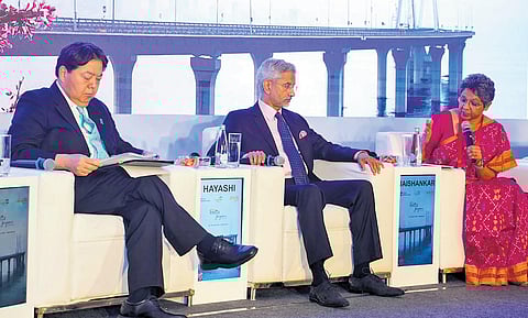 External affairs minister S Jaishankar with Japanese counterpart Yoshimasa Hayashi (L) at the India-Japan Forum in New Delhi on Friday. (Photo | PTI)