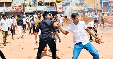 Protesters pelting stones during PMK agitation (inset) police deployed near NLC headquarters on Friday | Express