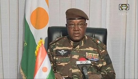 This video frame grab image obtained from ORTN - Télé Sahel on July 28, 2023 shows General Abdourahamane Tchiani, Niger’s new strongman, speaking on national television. (Photo | AFP)