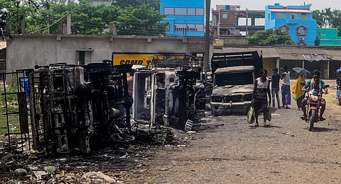 Representational Image: Remains of burnt vehicles after the recent violence during nominations for Panchayat elections, in South 24 Parganas district of West Bengal. (Photo | PTI)