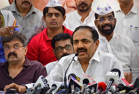 NCP leader Jayant Patil addresses the media after several MLAs including Ajit Pawar joined Maharashtra government, at the NCP office, in Mumbai, Sunday, July 2, 2023. (Photo | PTI)