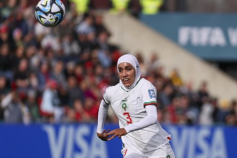 Morocco's Nouhaila Benzina runs after the ball during the Women's World Cup Group H soccer match between South Korea and Morocco in Adelaide, Australia. (Photo | AP)