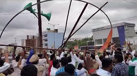 Clashing Congress workers in Uppal in Hyderabad on Saturday. (Photo | Express)