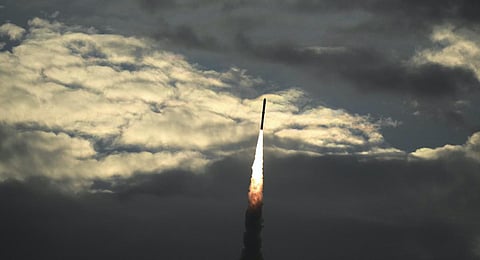 ISRO's PSLV-C56 carrying Singapore's DS-SAR satellite along with 6 co-passenger satellites lifts off from the launch pad at Satish Dhawan Space Centre, in Sriharikota. (Photo | PTI)