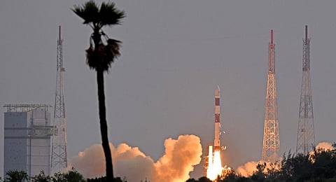 ISRO PSLV-C56 carrying Singapores DS-SAR satellite along with 6 co-passenger satellites lifts off from the launch pad. (Photo | PTI)