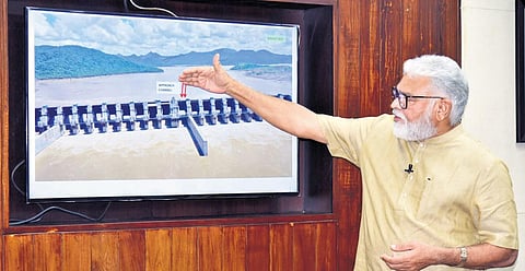 Water Resources minister Ambati Rambabu addressing a media conference on Saturday. (Photo | Express)